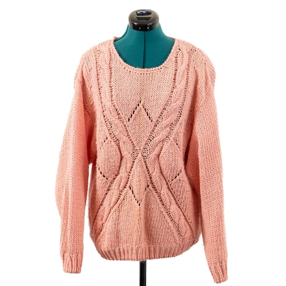 Vintage 90s Chunky Knit Sweater Crew Neck Long Sleeve Cable Pink Large